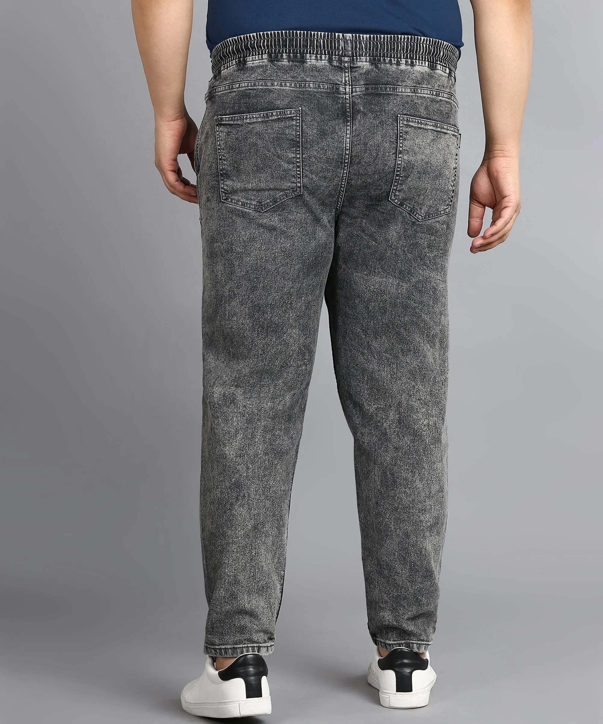 Plus Men's Grey Regular Fit Washed Jogger Jeans Stretchable