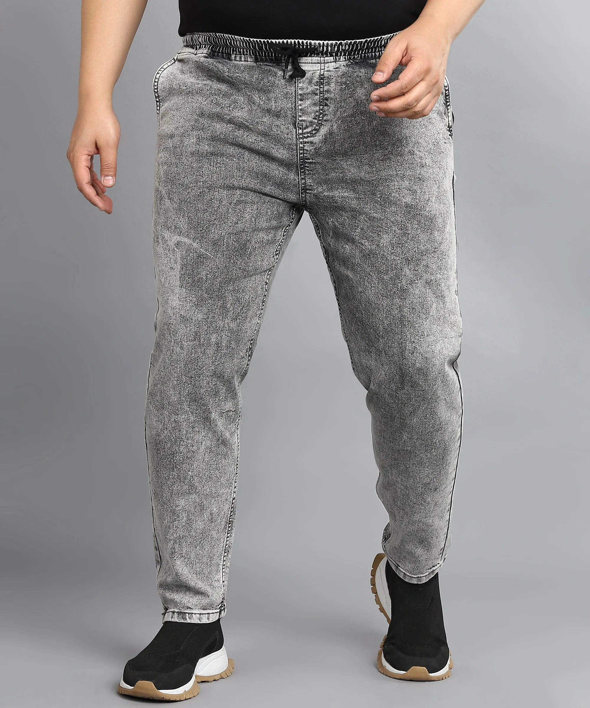 Plus Men's Light Grey Regular Fit Washed Jogger Jeans Stretchable