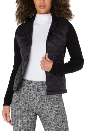 Quilted front full zip hooded sweater