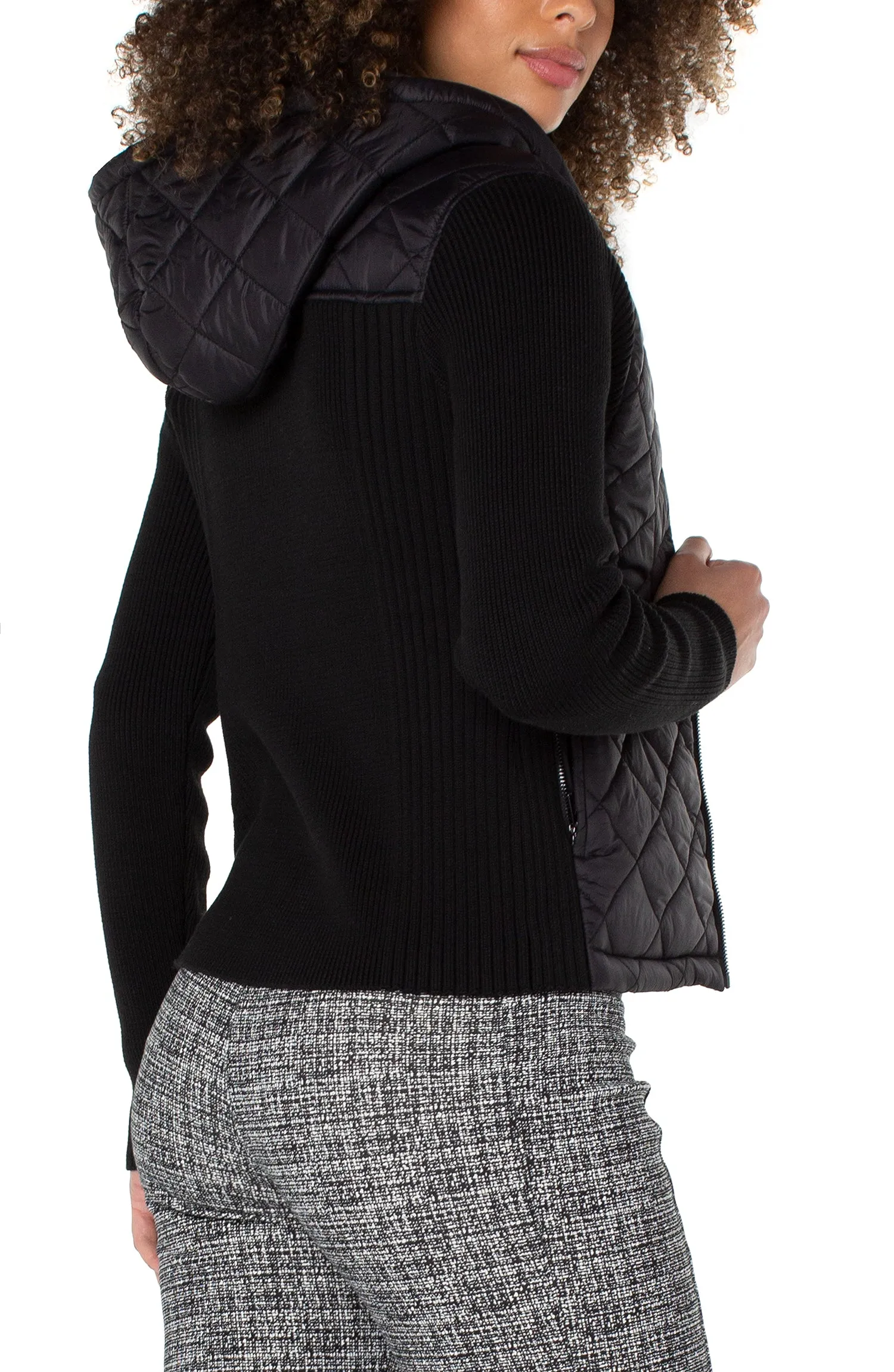 Quilted front full zip hooded sweater