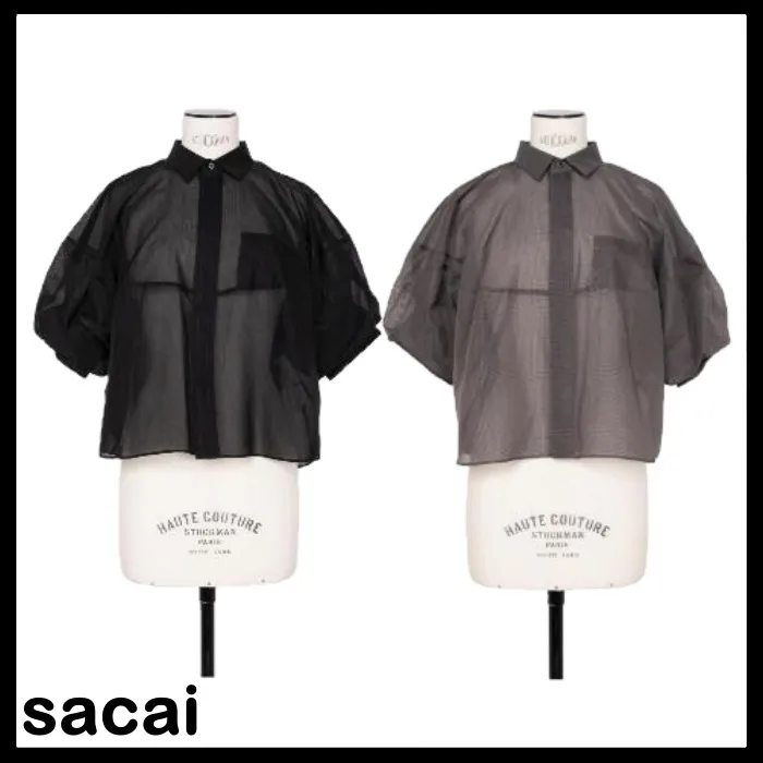 sacai  |Plain Short Sleeves Office Style Sheer Shirts & Blouses