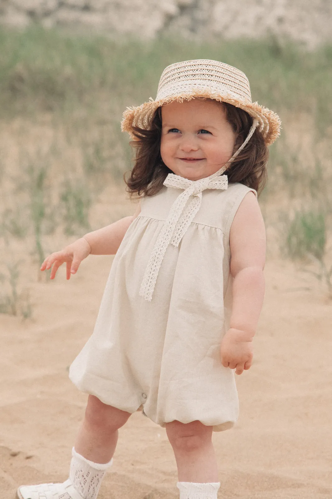 Straw Hat With Cream Crochet Lace Ties