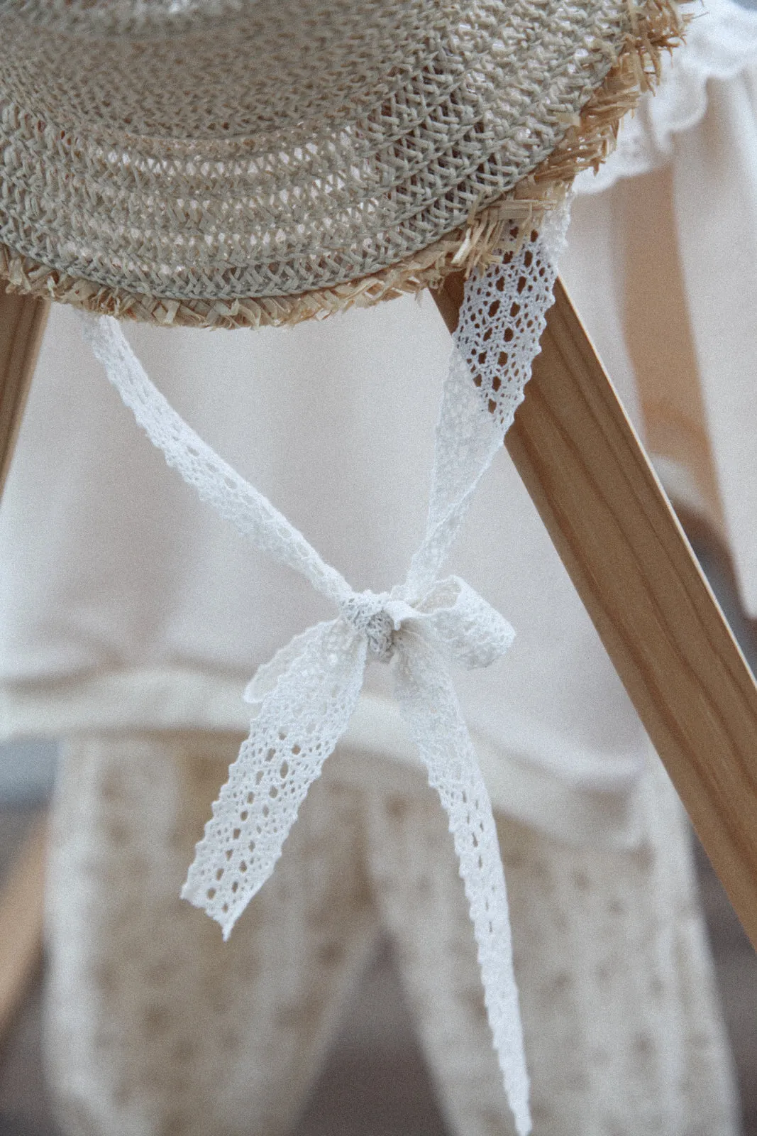 Straw Hat With Cream Crochet Lace Ties