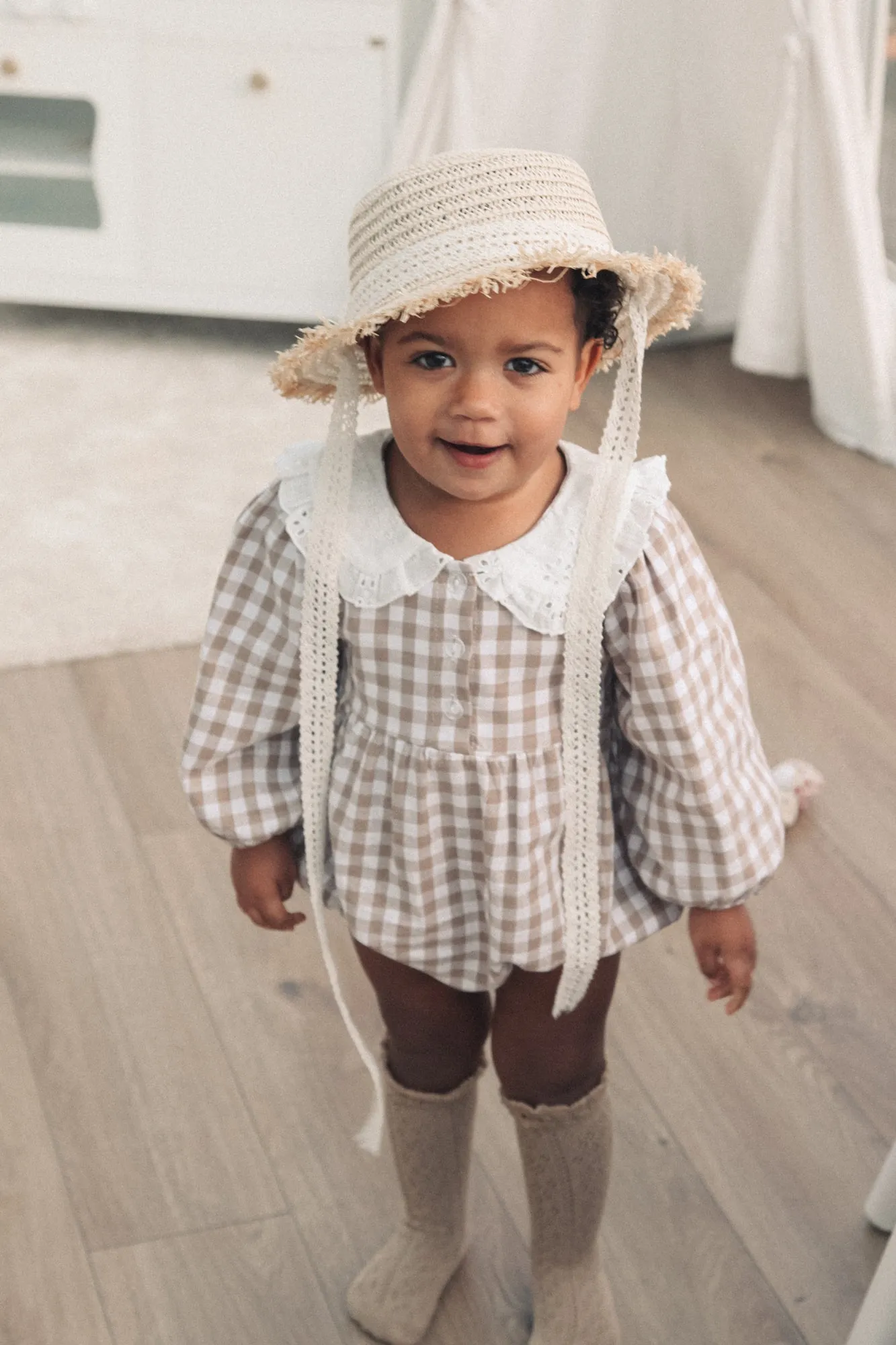 Straw Hat With Cream Crochet Lace Ties