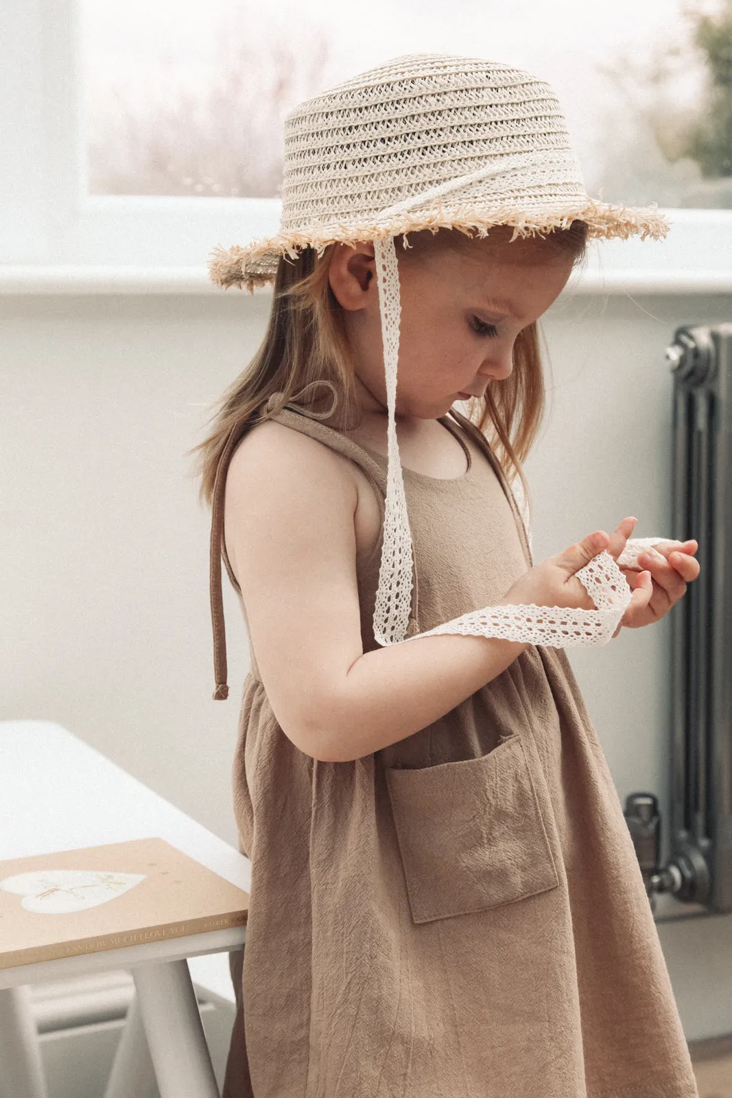 Straw Hat With Cream Crochet Lace Ties