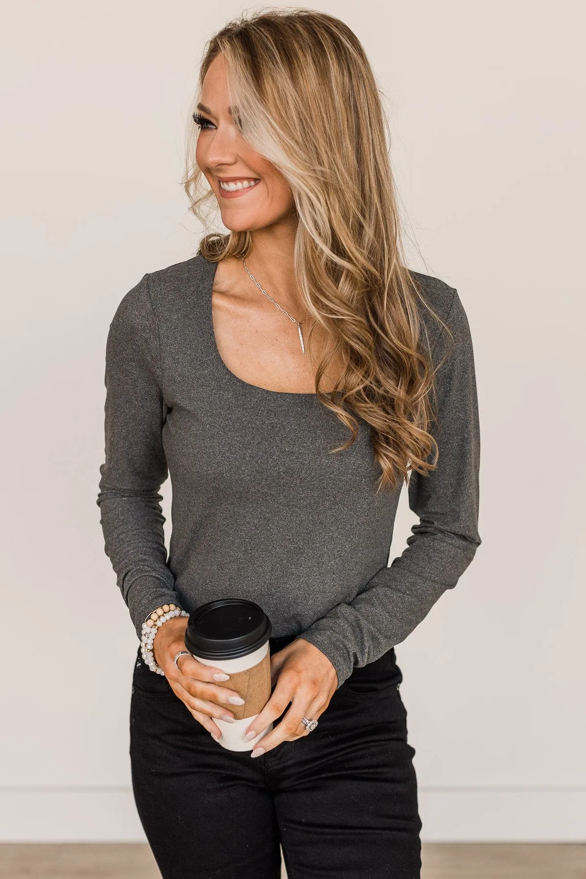 Sweet Aspirations Long Sleeve Bodysuit- Charcoal