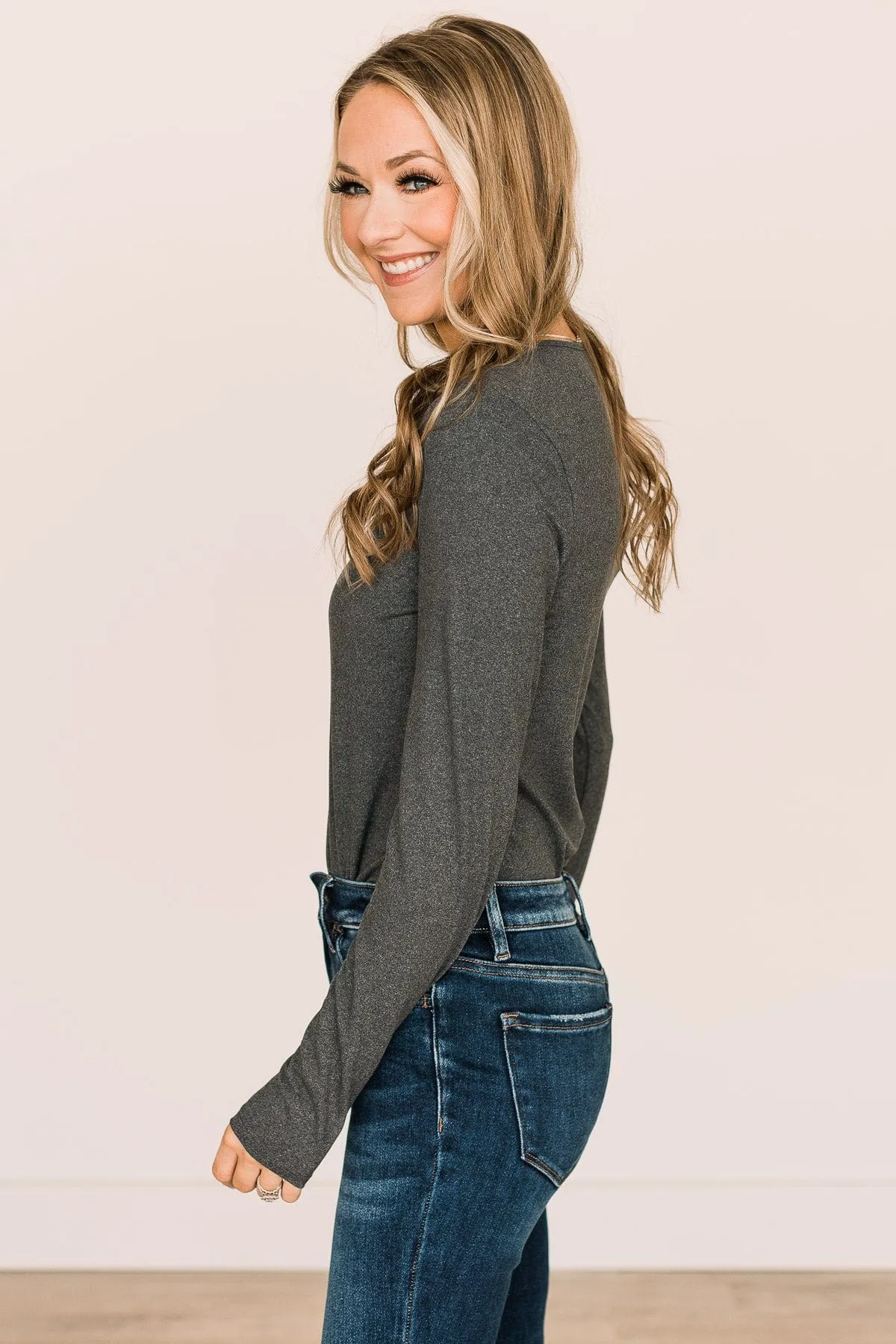 Sweet Aspirations Long Sleeve Bodysuit- Charcoal