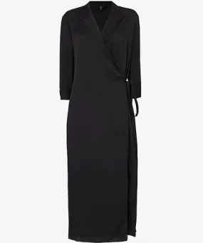 Theory Womens Black Lapel wrap-front silk-satin midi dress