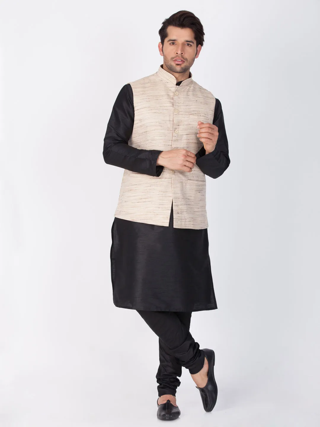 VASTRAMAY Men's Black Cotton Silk Blend Kurta, Ethnic Jacket and Pyjama Set