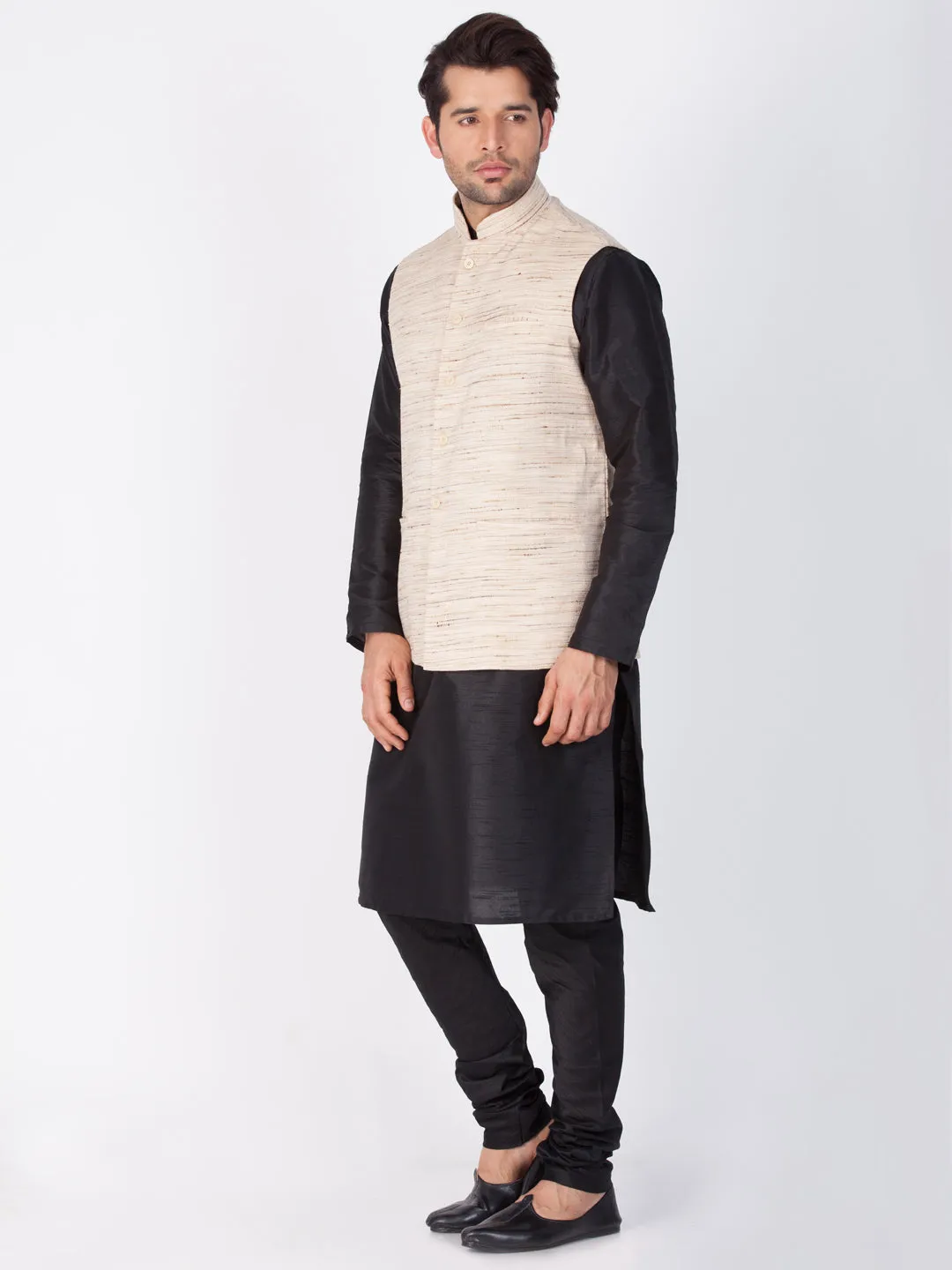 VASTRAMAY Men's Black Cotton Silk Blend Kurta, Ethnic Jacket and Pyjama Set