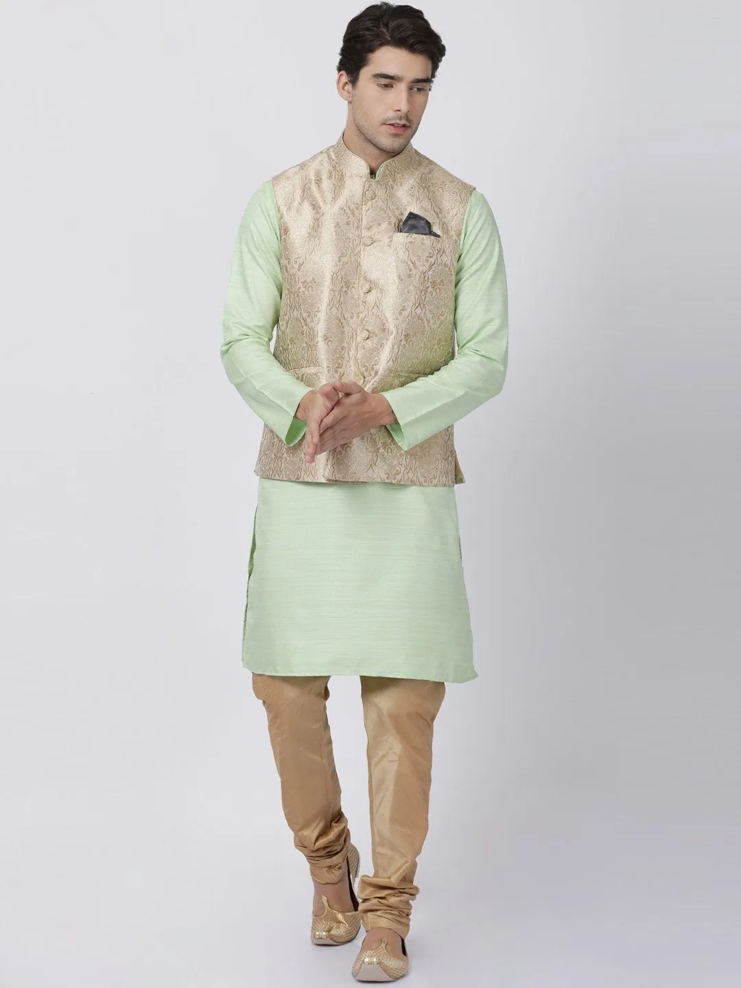 VASTRAMAY Men's Light Green Cotton Silk Blend Kurta, Ethnic Jacket and Pyjama Set