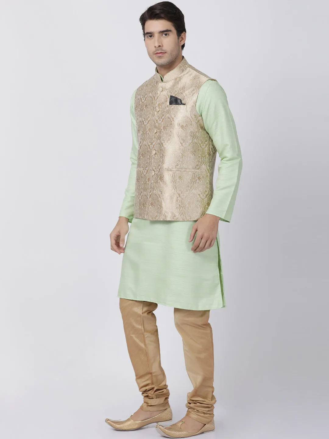 VASTRAMAY Men's Light Green Cotton Silk Blend Kurta, Ethnic Jacket and Pyjama Set