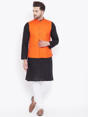 VASTRAMAY Men's Orange, Black And White Cotton Blend Jacket, Kurta and Pyjama Set