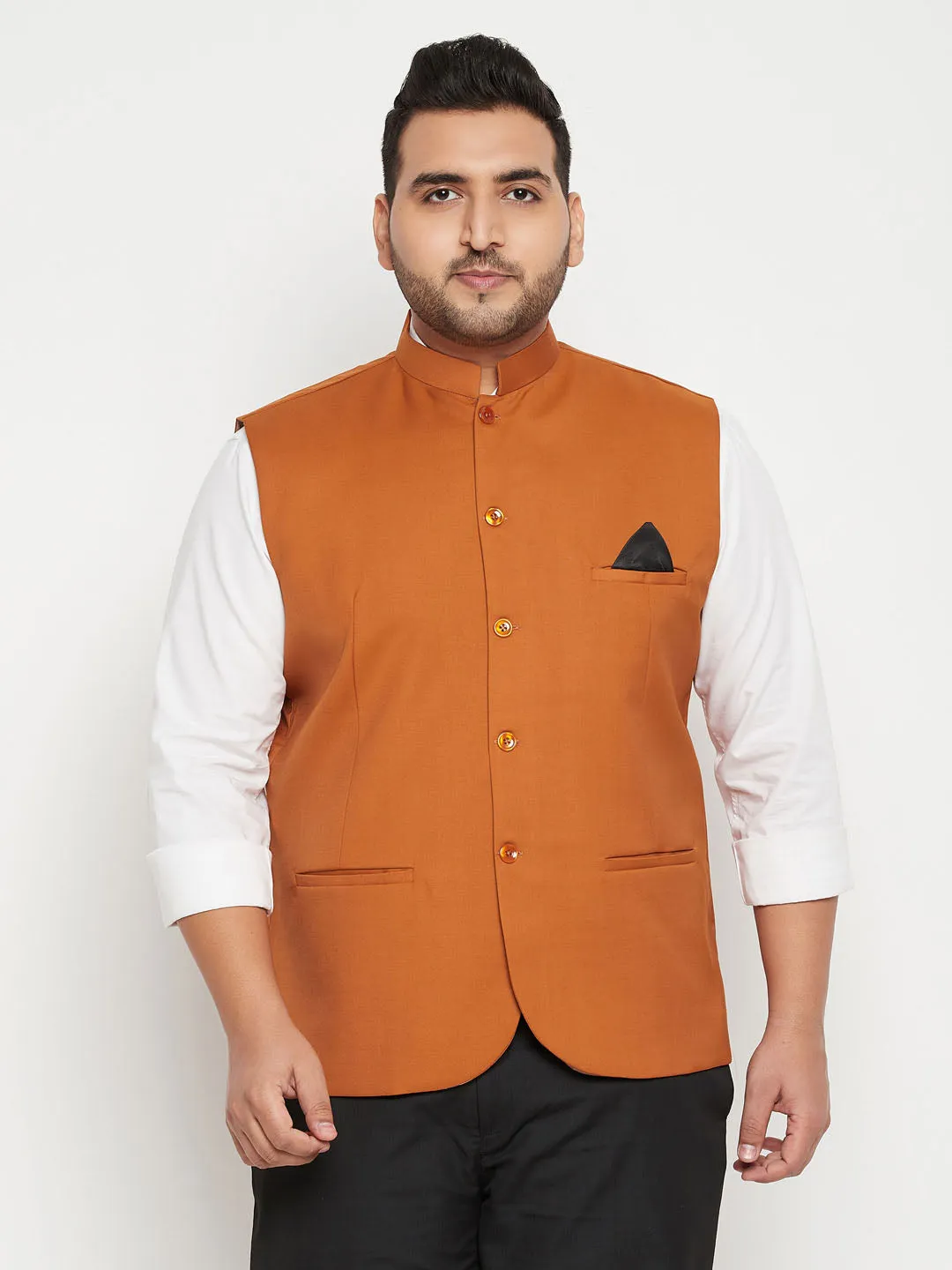 VASTRAMAY Men's Plus Size Orange Cotton Blend Nehru Jacket