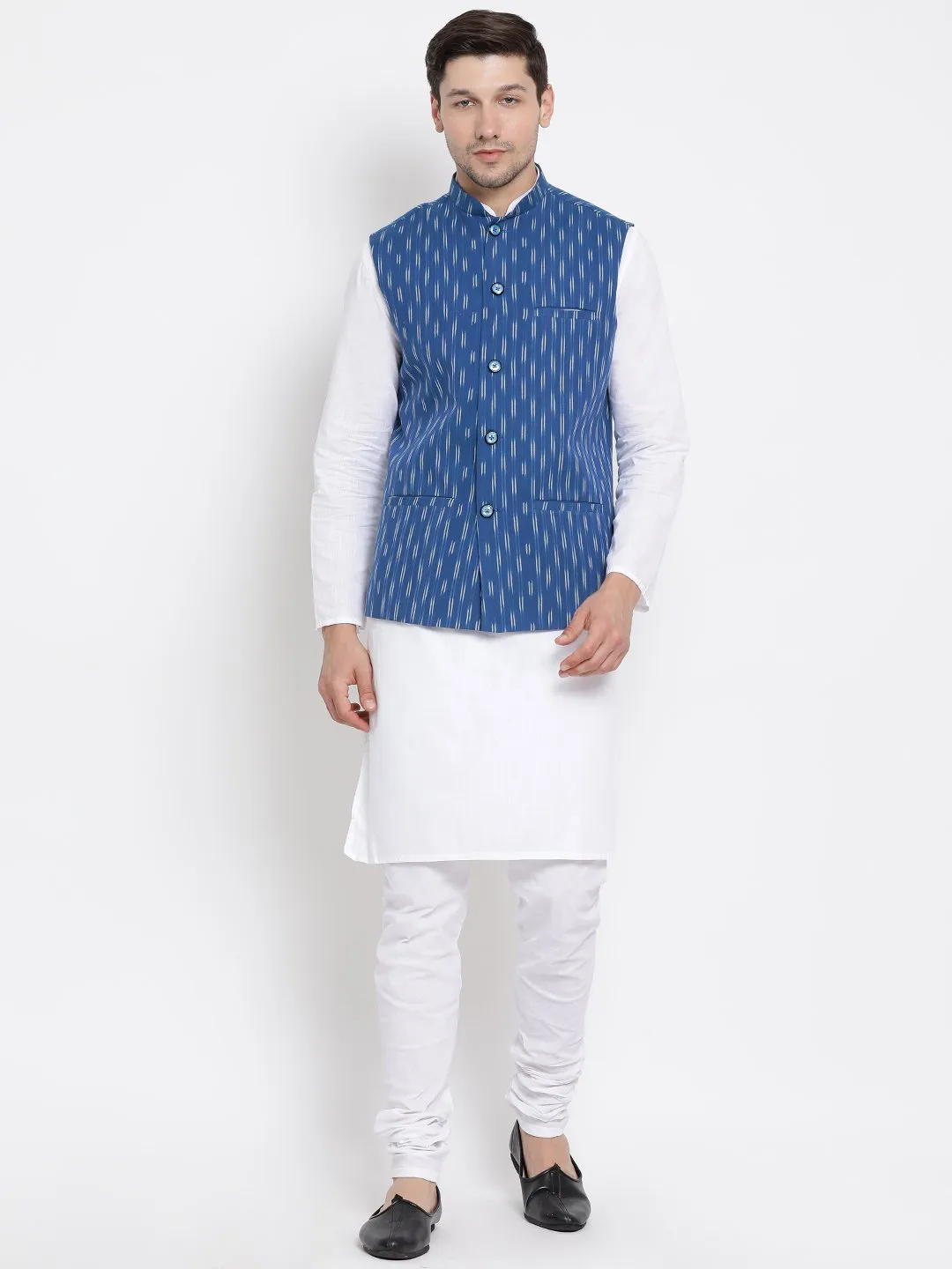 VASTRAMAY Men's White Cotton Kurta, Ethnic Jacket and Pyjama Set