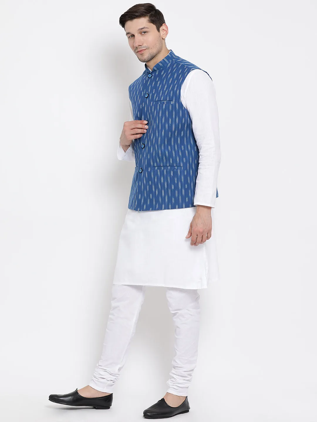 VASTRAMAY Men's White Cotton Kurta, Ethnic Jacket and Pyjama Set