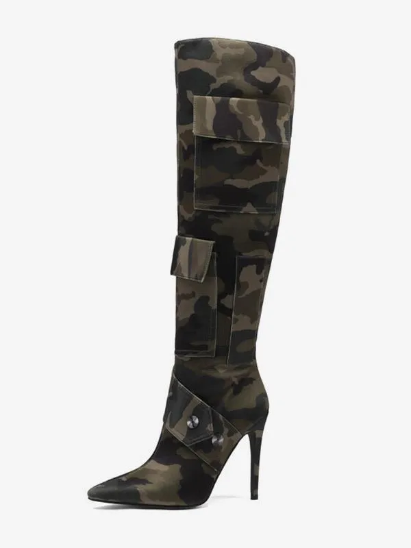 Women's Knee High Boots Camo Printed Pocket Rivets Detail High Heel Boots